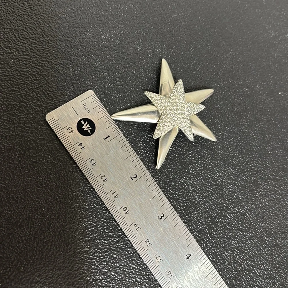 Brushed Silver Double Crystal Star Brooch Statement Rhinestone